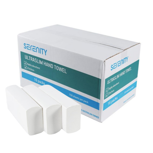 Serenity Interleaved Paper Towels – 24cm x 23cm – 1 Ply – 150 Sheets – Carton of 16 Packs