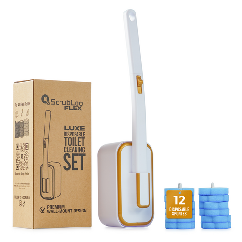 ScrubLoo Flex – Luxe Disposable Toilet Brush, White ,  Wand + Base + 12 Sponges
