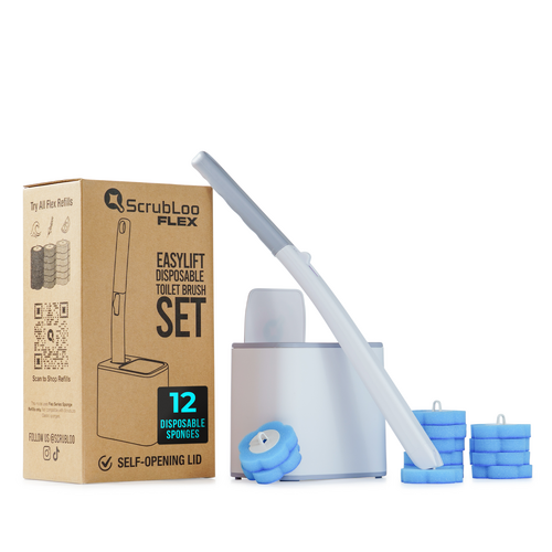 ScrubLoo Flex – EasyLift Disposable Toilet Brush,   Wand + Base + 12 Sponges