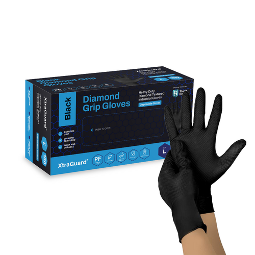 Shield Right XtraGuard Black Diamond Grip Gloves – Ultra-Tough Heavy-Duty Nitrile Gloves(Box of 100)