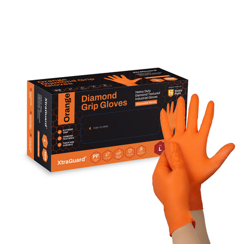 Shield Right XtraGuard Orange Diamond Grip Gloves – Ultra-Tough Heavy-Duty Nitrile Gloves (Box of 100) 