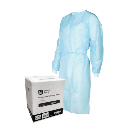 Shield Right Blue ISO Gown Knitted Cuff, Velcro Closure, Level 2 - Carton of 50