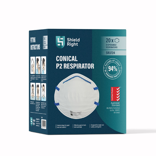 Shield Right P2 Conical Disposable Respirator, Non-Valved – 20 Pack
