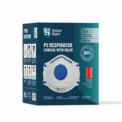Shield Right P2 Conical Disposable Respirator, Valved – 12 Pack